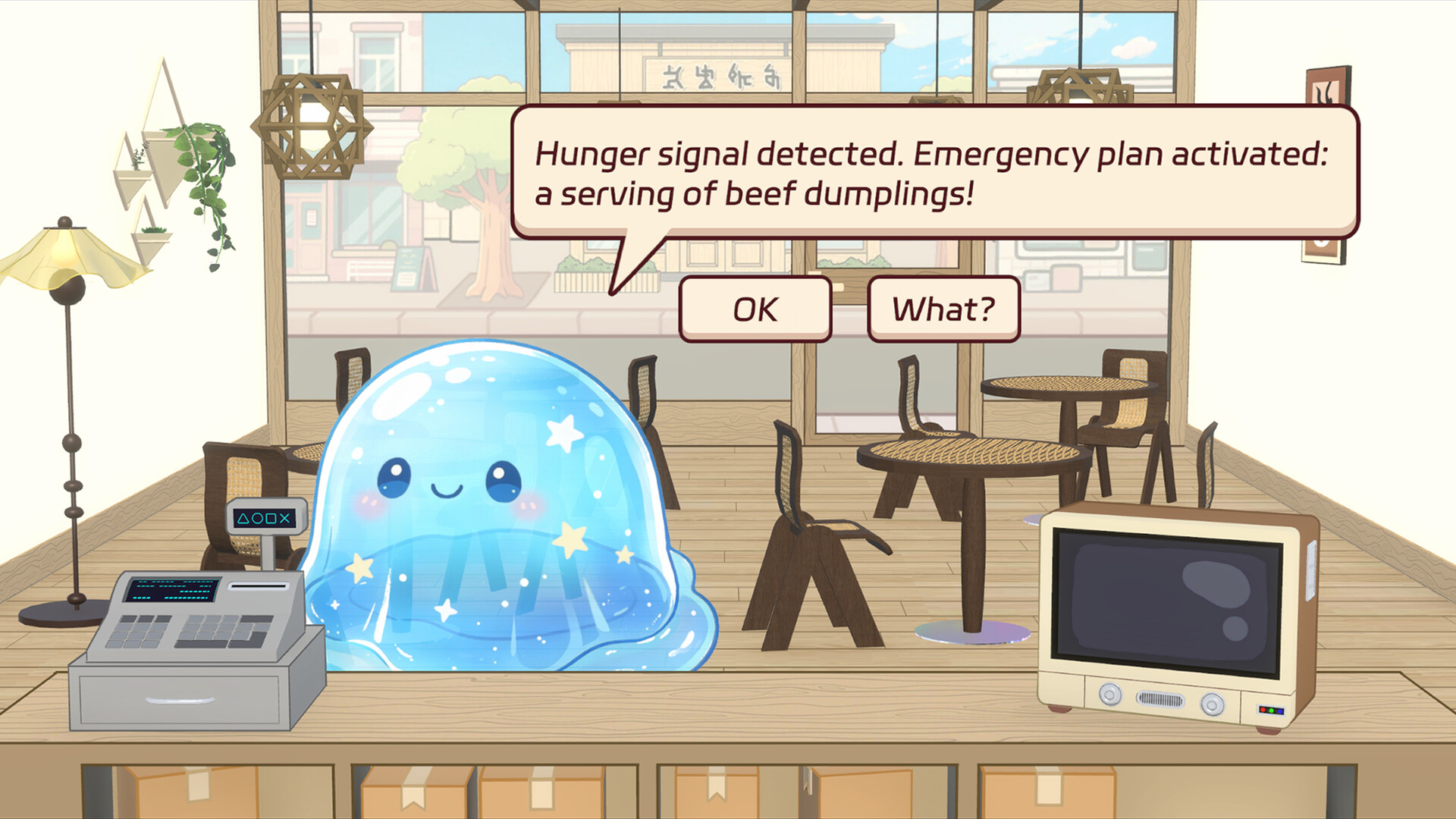 A cute translucent blue jelly-slime character standing at a shop counter beside a cash register and an old-style television, with a speech bubble reading 'Hunger signal detected. Emergency plan activated: a serving of beef dumplings!' and OK and What? response buttons