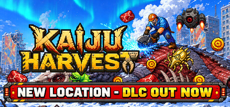 The Kaiju Harvest logo above a worker carving a fallen kaiju with a chainsaw amid a snowy ruined city, with a banner reading New Location - DLC Out Now