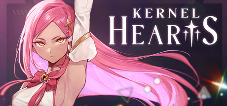 Kernel Hearts key art featuring a pink-haired magical girl in a white and red outfit reaching upward against a dark, glittering background