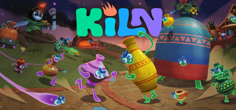 Kiln key art showing the game's logo above a group of animated pots and vases racing across a village square
