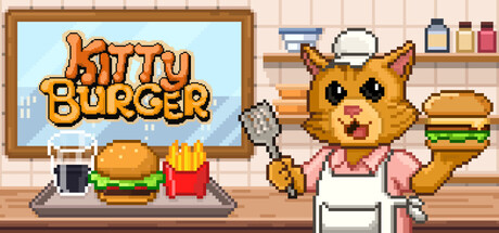 Header art for Kitty Burger showing a pixel-art cat wearing a chef's hat behind a burger counter, with the game's title in a warm, rounded font