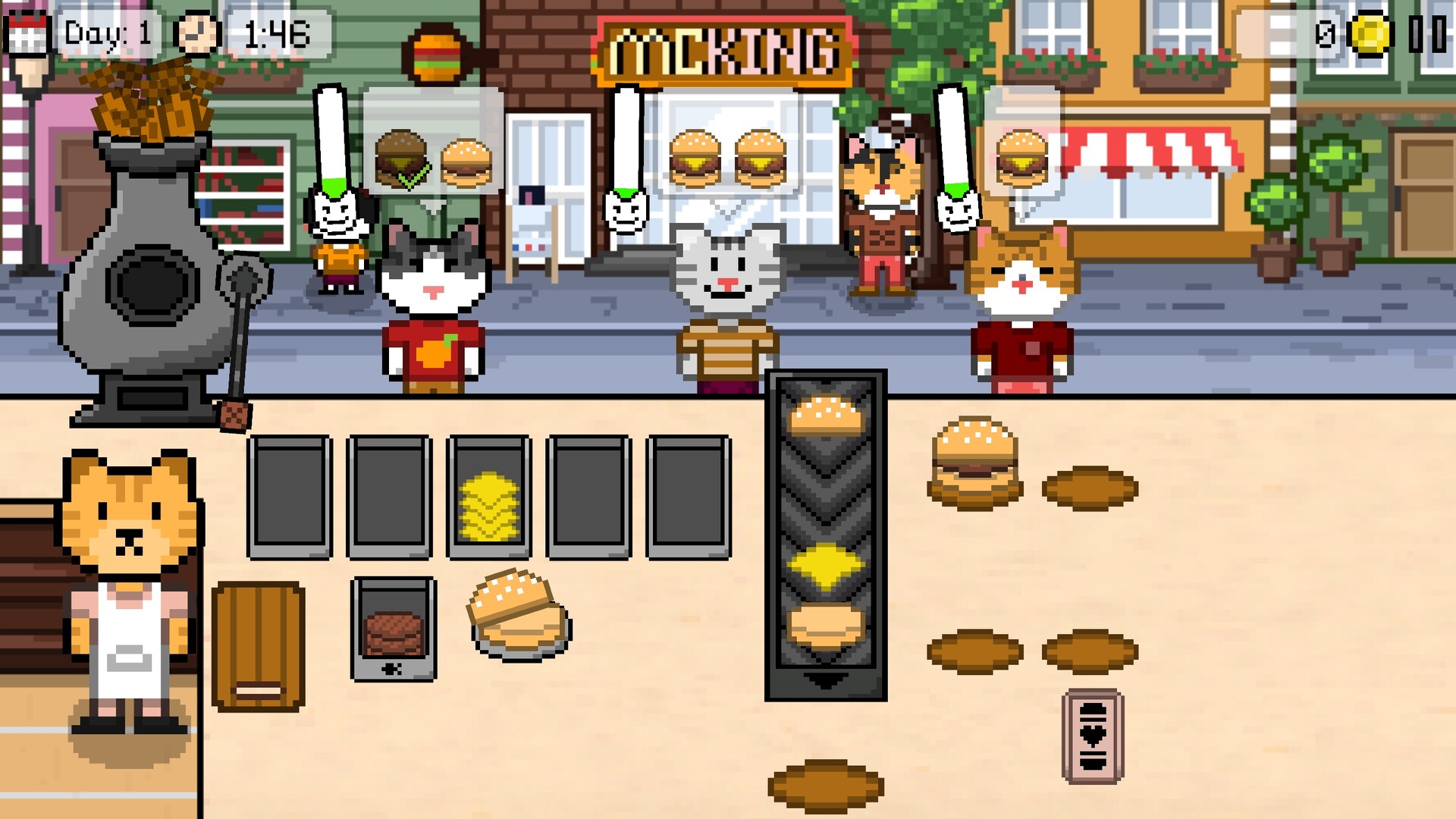 A pixel-art street scene on Day 1 with several cat customers displaying burger-order speech bubbles above their heads, a conveyor belt and ingredient bins below, and the McKing shop sign in the background
