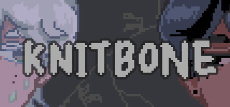 KnitBone pixel-art logo lettering set between two shadowed character portraits against a dim hallway background