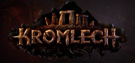 The Kromlech logo carved from weathered bronze-and-stone letters, set against a dark mountain silhouette with two standing megaliths behind it