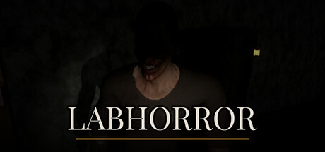 Key art for Labhorror showing the hunter's shadowed, bloodied face looming in darkness above the game's logo