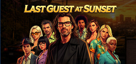 Illustrated key art showing the full cast of Hollywood suspects gathered against a sunset skyline