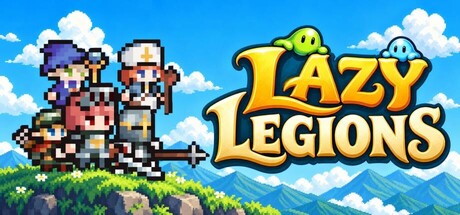 The LazyLegions logo above a pixel-art Swordsman and Healer striding across a grassy hilltop with two small slime creatures floating nearby