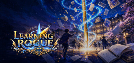 LEARNING ROGUE key art showing a student reaching toward a swirling tower of flying pages and cards above a moonlit school courtyard