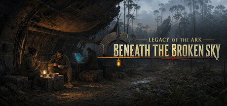 Key art showing survivors gathered around a lantern-lit camp inside a crashed Ark's hull in a misty forest
