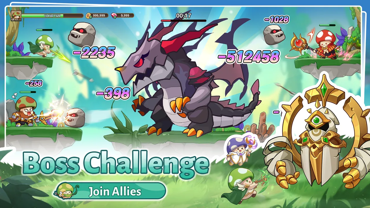 A mushroom hero and allies facing a large dragon boss in a Legend of Mushroom battle, with damage numbers and an alliance prompt on screen