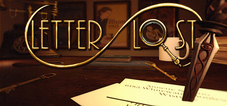 The Letter Lost logo in ornate gold script looping around a mug, a magnifying glass, a key, and an addressed envelope on a wooden desk