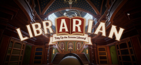 Title screen for Librarian, Tidy Up the Arcane Library, showing the game's ornate logo over a grand vaulted library interior