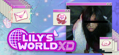 lily's world XD key art showing a pixelated, glitched photo of a girl's face beside retro desktop icons and a stylized 'Lily's World XD' logo