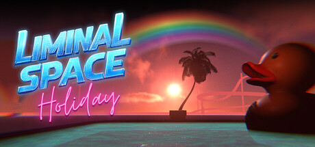 Liminal Space Holiday key art with a rubber duck, a silhouetted palm tree, and a rainbow over a hazy pink sky