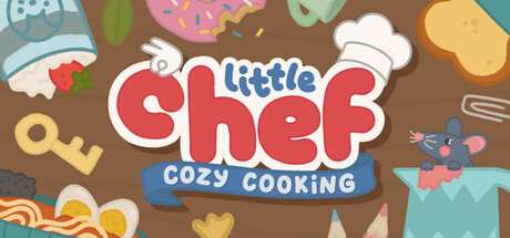 Little Chef: Cozy Cooking logo art surrounded by hand-drawn kitchen items, a chef's hat, sprinkled donuts, toast, and a mouse peeking out of a paper bag