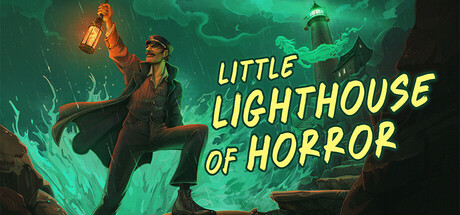Illustrated key art of the lighthouse keeper holding a lit lantern before a stormy green sky, with the lighthouse glowing faintly in the background