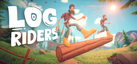 Log Riders key art showing two lumberjack characters mid-air jumping over a rolling log on a forest trail