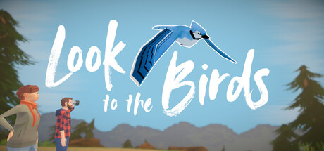 Two illustrated figures with a camera watch a blue jay fly overhead beside the Look to the Birds logo