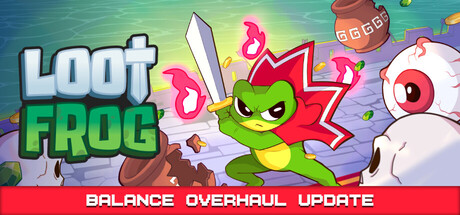 Key art for Loot Frog showing the sword-wielding frog hero mid-swing beside a banner reading Balance Overhaul Update