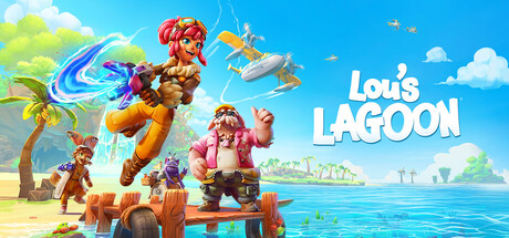 Key art showing the player character and Hefti running toward a beach with a seaplane and floating islands in the background