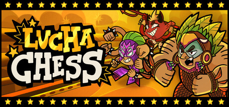 The 'Lucha Chess' logo in bold yellow lettering with a red starburst backdrop, flanked by three colorful cartoon luchador characters including a purple-masked wrestler, a red devil-masked wrestler, and a green-feathered headdress-wearing wrestler