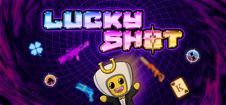 The Lucky Shot logo beside a grinning duck mascot in a bow tie, surrounded by guns and a playing card on a neon grid background