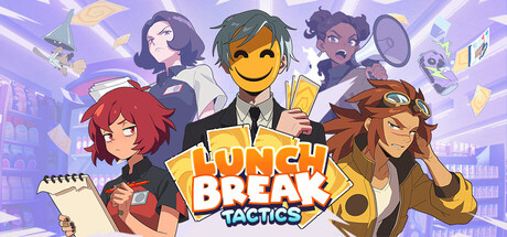 Lunchbreak Tactics key art with four supermarket-themed hero characters around the logo