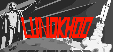 Constructivist-style Lunokhod key art with a Lenin-like statue figure, bold red logo text, and a rocket launching over the lunar surface