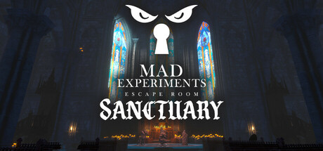 Title card for Mad Experiments: Escape Room - Sanctuary, showing a glowing keyhole above a candlelit cathedral altar