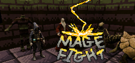 The pixel-art Mage Fight logo struck by a lightning bolt, flanked by an ogre, a hooded mage, a robed wizard, a skeleton, and a tortoise creature
