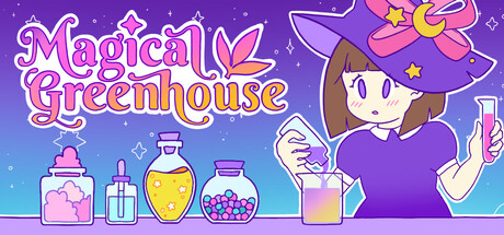 Pastel key art for Magical Greenhouse showing a witch in a purple hat pouring a potion beside jars of glowing brews