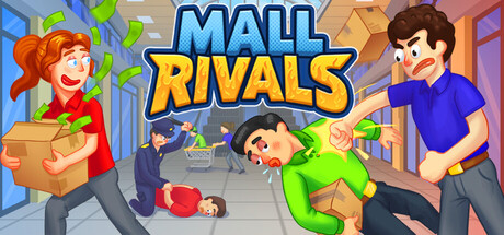 Mall Rivals key art showing rival shopkeepers scrapping in a mall corridor while a mall cop tackles a shoplifter