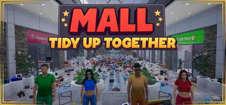 Mall: Tidy Up Together key art: four characters standing before a mall atrium fountain buried under a mountain of unsorted merchandise