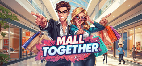 Mall Together key art of a stylized man and woman pointing at the camera with shopping bags inside a bright mall atrium