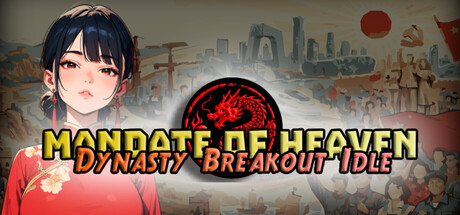 Key art showing an illustrated anime-style woman in a red qipao beside the Mandate of Heaven: Dynasty Breakout Idle logo, with a hazy skyline of ancient and modern Chinese architecture behind her