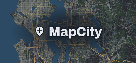 MapCity logo pinned over a detailed real-world satellite map of the Seattle area