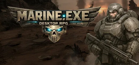 MARINE.EXE - Desktop RPG key art, showing an armored marine soldier beside the game's skull logo