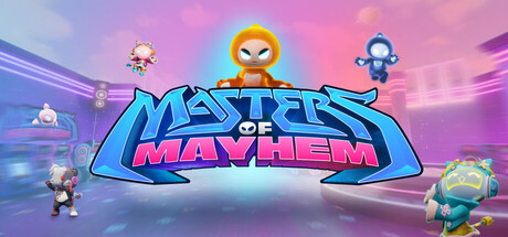 Key art for Masters of Mayhem showing colorful creature characters flanking the game's logo on a neon-lit backdrop