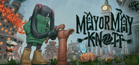 Key art showing May pumping water from an old well as the gothic skyline of Glitzberg looms behind her, with the Mayor May Knott logo overhead