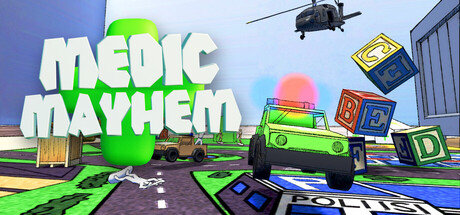 Medic Mayhem key art showing toy ambulances and a helicopter on a child's play-mat battlefield beneath the game's logo