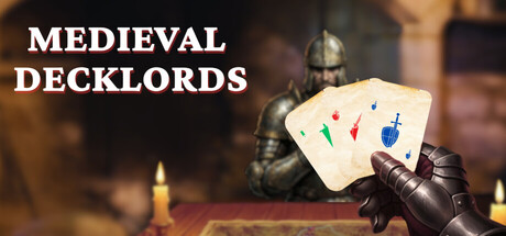 Key art for Medieval Decklords showing an armored knight holding three playing cards marked with a spearhead, an arrow, and a sword