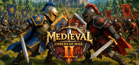 Low-poly key art showing two opposing armoured knights, one in blue and one in red, clashing swords in front of their respective armies, with the game's logo between them