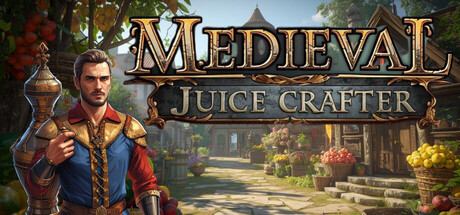 Medieval Juice Crafter key art, a merchant holding a metal jug beside a bustling medieval market street