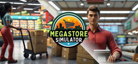 Key art for Megastore Simulator, showing a store manager in front of a stocked grocery aisle