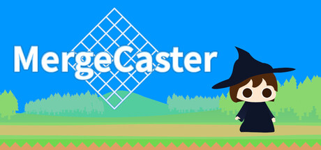 Simple flat key art showing a small witch character beside the game's diamond-shaped merge-grid logo against a blue sky and green field