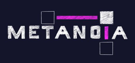 The Metanoia logo drawn in a hand-sketched, chalk-like white and magenta font on a dark navy background