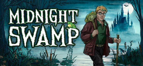 Key art for Midnight Swamp, showing a tourist with a walking stick approaching a misty swamp beneath a distant castle