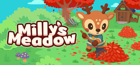 Key art showing Milly the deer raking a pile of autumn leaves beside her cottage