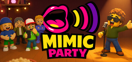 Mimic Party key art showing four cartoon party-goers next to a large pink lips-and-soundwave logo and a singer at a microphone