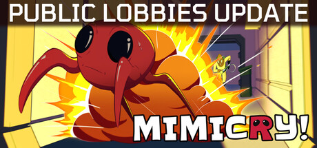 Promotional art for Mimicry!'s Public Lobbies Update showing a large red crab-like Mimic creature bursting through a doorway beside the game's logo